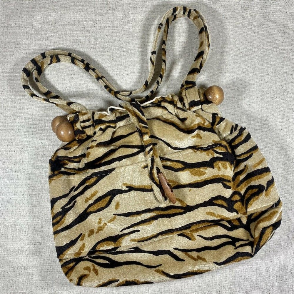 Vintage Tiger Animal Print Purse Tote Fuzzy Polyes